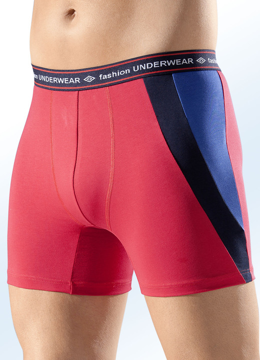 Pants & boxershorts - Set van vier pants, effen, met contrasterende inzetstukken, in Größe 005 bis 010, in Farbe 2 X ROOD, 2 X MARINE