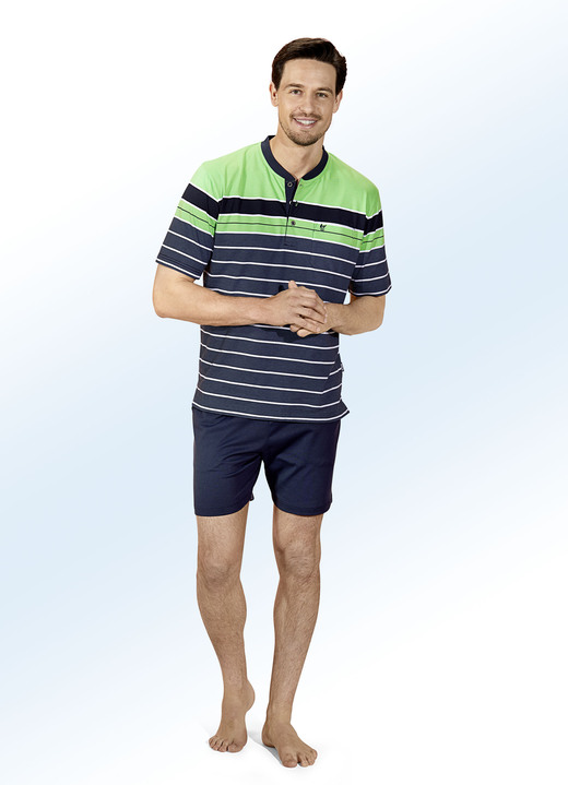 - Hajo Klima Komfort Shorty mit Knopfleiste, garngefärbtem Ringeldessin, in Größe 046 bis 062, in Farbe MARINE-GRÜN