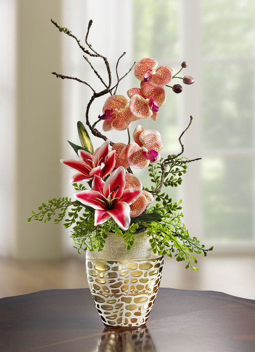 Kunst- & textielplanten - Orchideeënbloemstuk in pot, in Farbe ORANJE