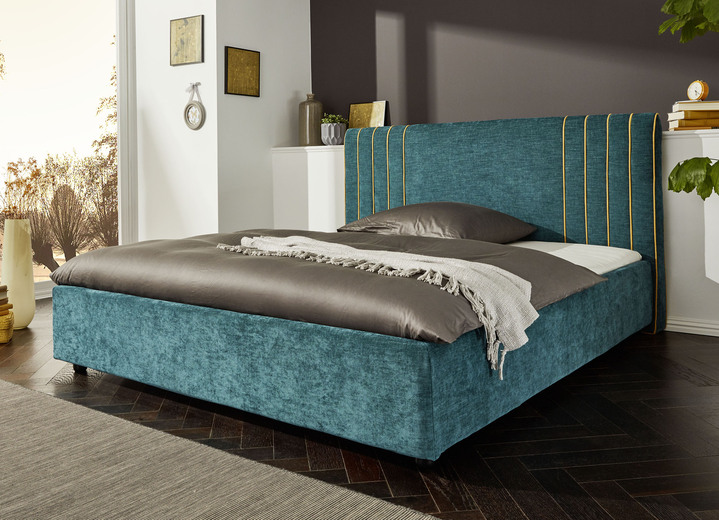 - Gestoffeerd bed met unieke stiksels aan het zacht gestoffeerde hoofdgedeelte, in Farbe TURQUOISE-GOUD