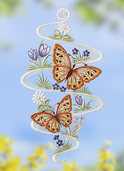Raamhangers - Raam foto vlinder dans gemaakt van echte Plauen kant, in Farbe MULTICOLOR