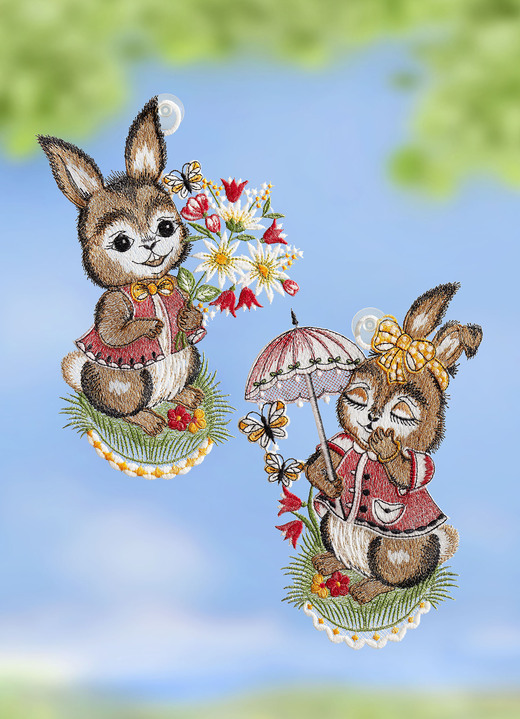 Raamhangers - Raam foto konijn paar, set van 2, gemaakt van Plauen kant, in Farbe MULTICOLOR