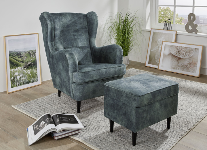 - Oorfauteuil met kruk, in Farbe ROOKBLAUW