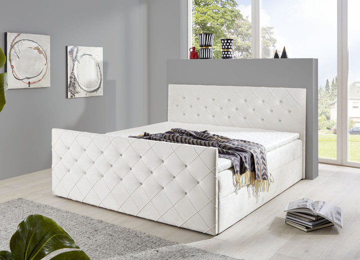 Boxspring - Boxspringbed met strass steentjes en topper, in Farbe CRÈME Ansicht 1