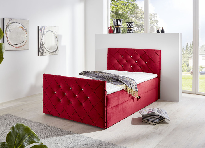 Boxspring - Boxspringbed met strass steentjes en topper, in Farbe ROOD Ansicht 1