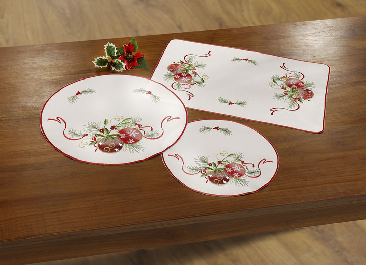 Tafellakens - Feestelijke tafel- en kamerdecoratie met kerstboombalmotieven, in Größe 102 (Loper, 40/85 cm) bis 404 (Kussensloop, 40/40 cm), in Farbe SECT-MEERKLEURIG Ansicht 1