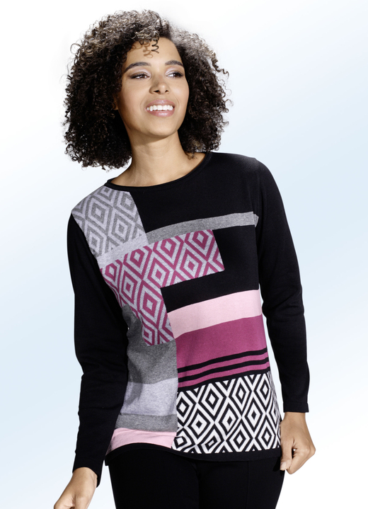 - Trui met katoen en intarsia-motief, in Größe 038 bis 054, in Farbe ZWART-BES-VEELKLEURIG