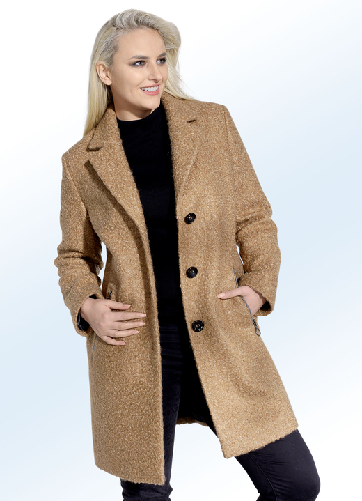 Wollen mantels - Korte jas in 2 kleuren met een trendy gekrulde look, in Größe 038 bis 050, in Farbe ZAND