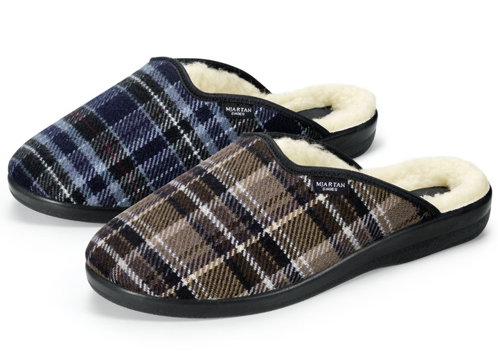 Huisschoenen - Tweepak gevoerde herenpantoffels met wol, in Größe 040 bis 046, in Farbe 1 X BRUIN, 1 X BLAUW Ansicht 1