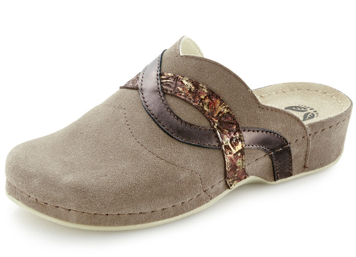 Sandalen & slippers - Mubb klomp met stijlvolle contrasterende inzetstukken, in Größe 036 bis 042, in Farbe TAUPE