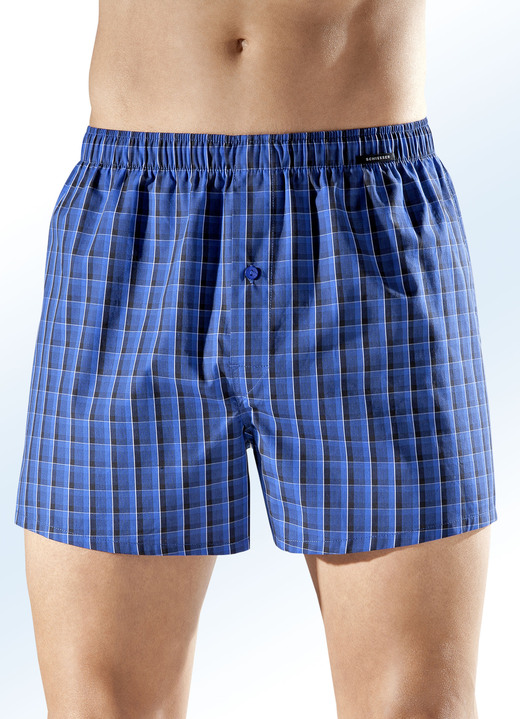 - Schiesser set van twee boxershorts, kleurrijk patroon, in Größe 004 bis 008, in Farbe 1X BLAUW-ZWART GERUIT, 1X EFFEN BLAUW GEMÊLEERD Ansicht 1