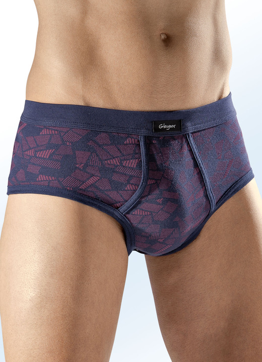 - Set van zes slips, met all-over dessin, in Größe 005 bis 011, in Farbe 3 X MARINEBLAUW, 3 X BORDEAUX-MARINEBLAUW