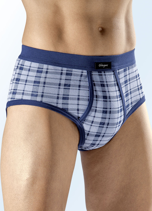 Slips & onderbroeken - Pak van vier slips met ruitjesmotief, in Größe 006 bis 010, in Farbe 3X LICHTBLAUW/MARINEBLAUW, 3X LICHTGRIJS GEMÊLEERD ANTRACIET