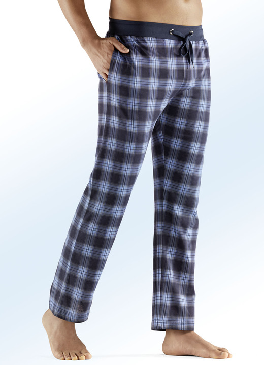 Pyjama's - Tweekleurige slaap- en vrijetijdsbroek, lang, met trekkoord en zijzakken, in Größe 046 bis 062, in Farbe 1 X KLEURRIJKE MARINEBLAUW, 1 X EFFEN MARINEBLAUW Ansicht 1