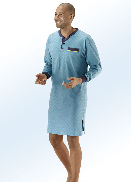 Nachthemden - Nachthemd met knoopsluiting, opgestikte borstzak, manchetten, in Größe 048 bis 066, in Farbe TURQUOISEGROEN-GRIJS