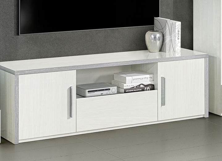 - Meubelserie met LED-verlichting en soft close, in Farbe BERKEN W.-ZILVER, in Ausführung TV-longboard Ansicht 1