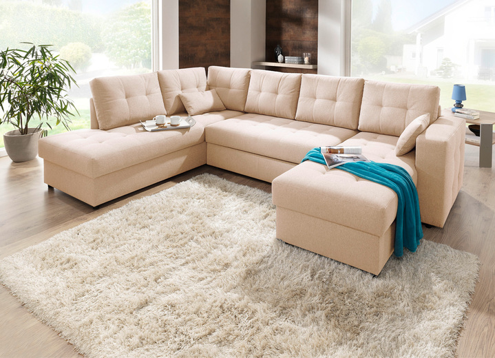 Hoekbankstellen - Gestoffeerd meubel met slaapfunctie, in Farbe BEIGE, in Ausführung Woonoppervlak 198x302x160 cm Ansicht 1