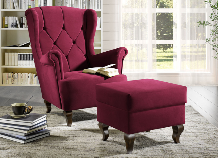 - Elegante fauteuil met rugleuning en kruk, in Farbe ROOD