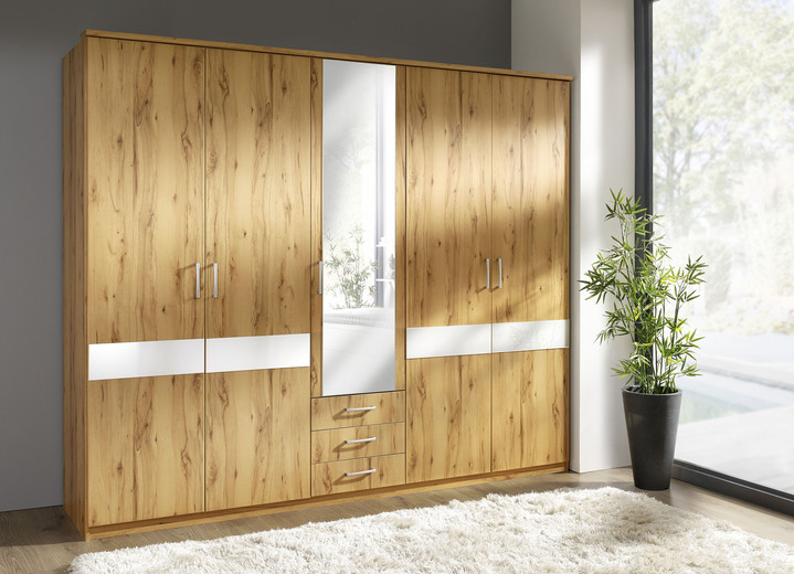 Slaapkamerkasten - Kledingkast met elegante glazen planken op de deuren, in Farbe KERNBEUKEN-WIT, in Ausführung met 1 deur Ansicht 1