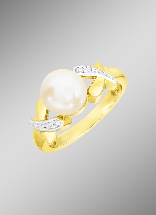 Ringen - Elegante damesring met diamanten en Akoya parel, in Größe 160 bis 220, in Farbe  Ansicht 1