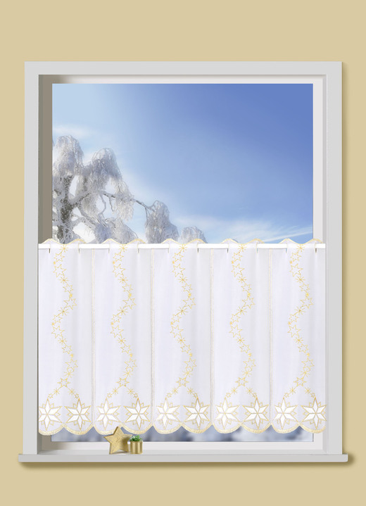 Woontextiel - Doorschijnend kort gordijn met Plauen-borduursel, in Größe 825 (H35 x B95 cm) bis 876 (H 50 x B 160 cm), in Farbe WIT-GOUD