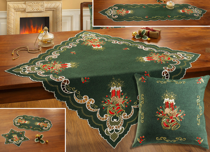 Decoratiekussens & slopen - Kerstachtige tafel- en kamerdecoratie, in Größe 130 (2x ovale placemat, 30/45) bis TAFELKLEED, in Farbe GROEN-ROOD Ansicht 1