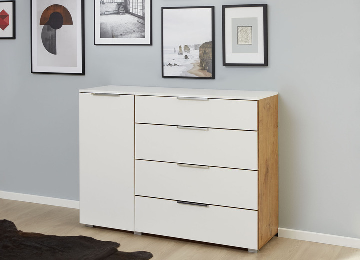 - Ladenkastserie met handgrepen in chroomlook, in Farbe EIKENWIT, in Ausführung Commode, 1 deur