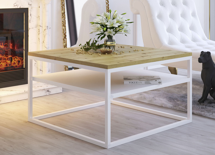 - Salontafel met stalen frame en plank, in Farbe EIKEN-LICHT/WIT