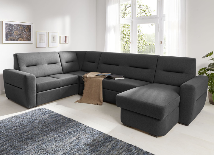 Hoekbankstellen - Gestoffeerd meubel met bedfunctie dat overal in de kamer geplaatst kan worden, in Farbe ANTRACIET, in Ausführung gestoffeerde hoek, 263x155 cm Ansicht 1