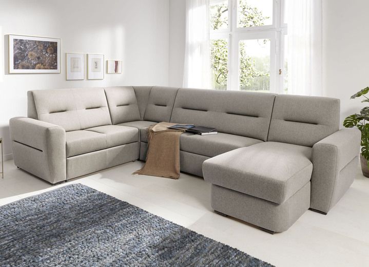 Hoekbankstellen - Gestoffeerd meubel met bedfunctie dat overal in de kamer geplaatst kan worden, in Farbe CAPPUCCINO, in Ausführung Landschap in de woonkamer, 155x330x215 cm