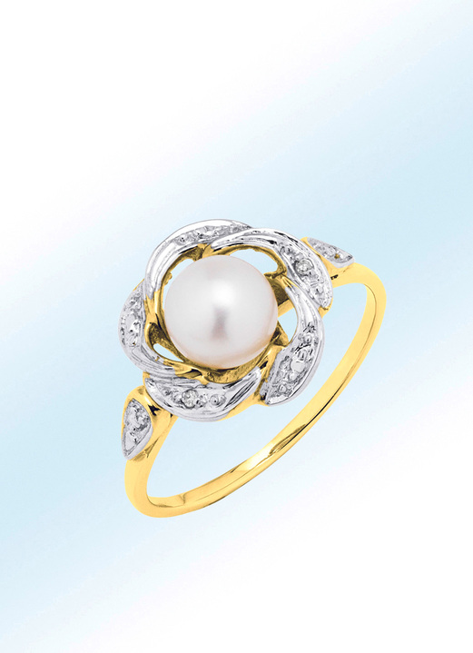 Ringen - Damesring met zoetwatercultiv&eacuteparels en diamanten, in Größe 160 bis 220, in Farbe