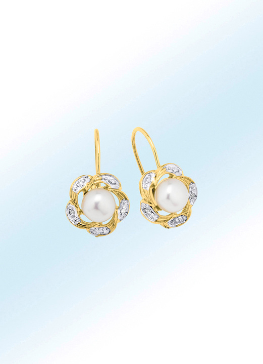 Oorbellen - Oorbellen met zoetwaterparels en diamanten, in Farbe