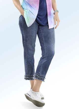 Jeans in 7/8-lengte met franjes aan de zoom en prachtige parelversiering