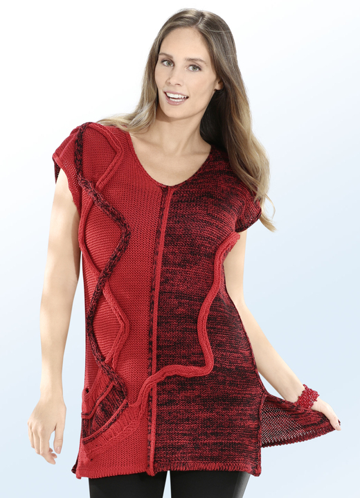 - Gebreide tuniek met gebreide bandversiering, in Größe 3XL (56/58) bis XXL(52/54), in Farbe ROOD-ZWART