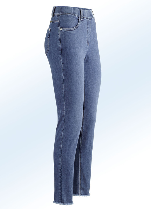 Broeken met elastische band - Magic jeans met trendy franjes aan de zoom, in Größe 017 bis 052, in Farbe JEANSBLAUW Ansicht 1