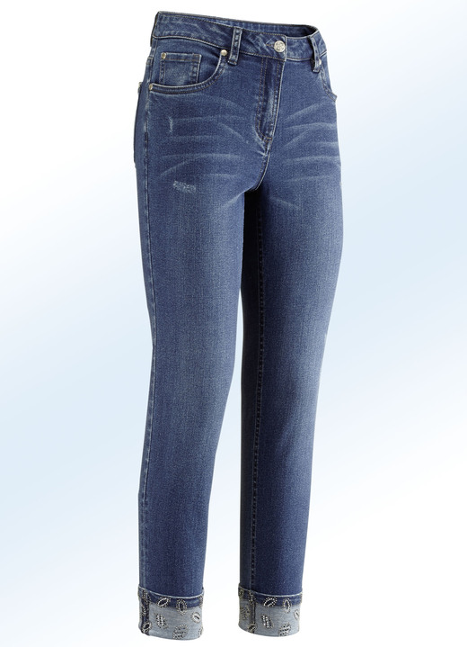Broeken - Elegante jeans in 7/8-lengte met mooie strass-versiering, in Größe 018 bis 052, in Farbe JEANSBLAUW Ansicht 1