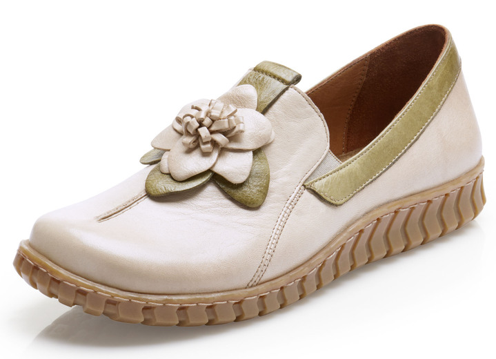 - Gemini pantoffels met leren bloem, in Größe 036 bis 039, in Farbe BEIGE-OLIJF Ansicht 1