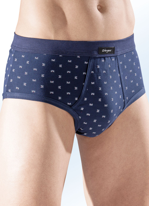 Slips & onderbroeken - Vijf-pack slips van fijne jersey, met gulp, all-over patroon, in Größe 005 bis 011, in Farbe 3X MARINE-MEERKLEURIG, 2X LICHTBLAUW-MEERKLEURIG