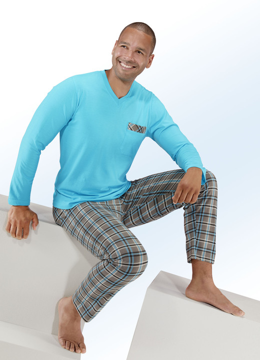 Pyjama's - Pyjama met V-hals, borstzak en ruitjesdessin, in Größe 046 bis 062, in Farbe TURKOOIS-GRAFIET