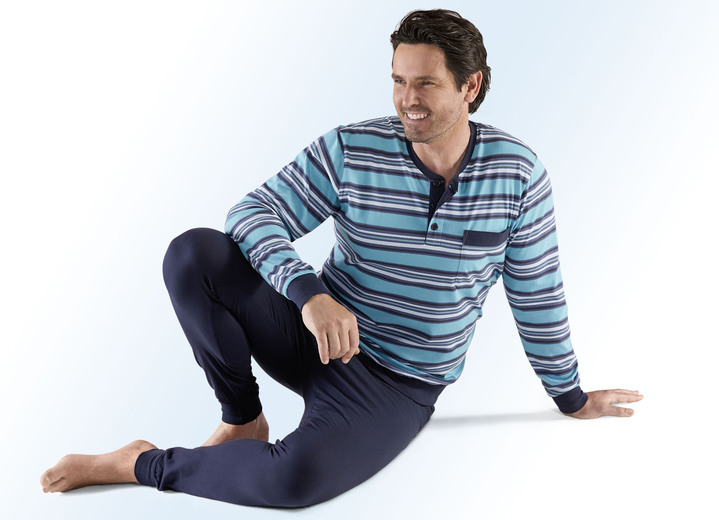 Pyjama's - Nachtjapon met knoopsluiting en met garen geverfd streepjesmotief, in Größe 048 bis 060, in Farbe TURKOOIS-MARINEBLAUW