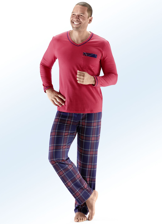 Schlafanzüge - Schlafanzug mit V-Ausschnitt und aufgesetzter Brusttasche, in Größe 046 bis 060, in Farbe ROT-MARINE-BUNT