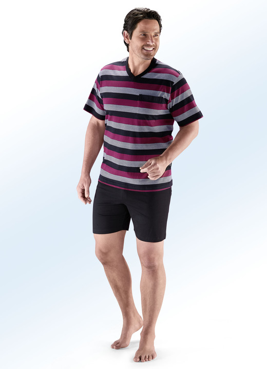 Shorties - Set van twee shorts met V-hals, borstzak en garengeverfd gestreept ontwerp, in Größe 046 bis 062, in Farbe 1X BORDEAUX-ZWART, 1X PETROL-MARINE Ansicht 1