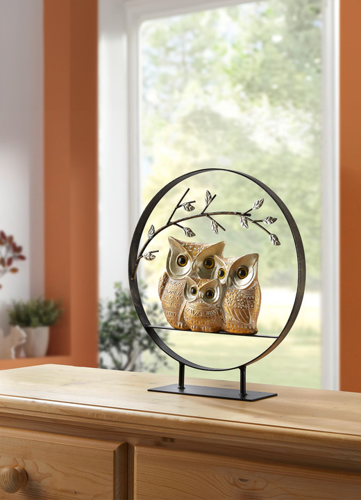 Beeldjes - Decoratieve uilenfamilie onder tak, in Farbe GOUD-ZWART