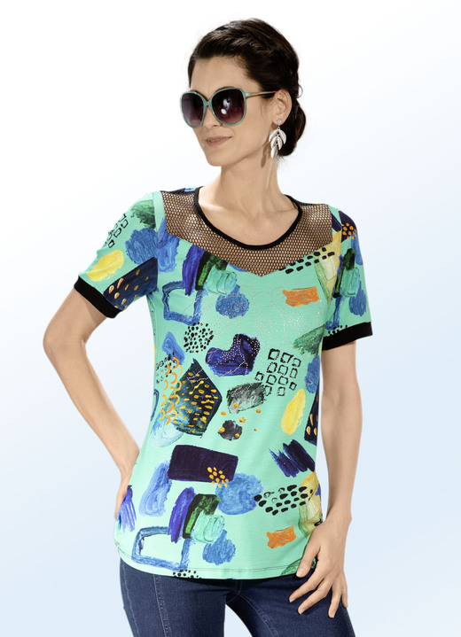 - Shirt met inzetstuk van zwarte mesh-jersey, in Größe 038 bis 050, in Farbe GROEN-MULTICOLOR