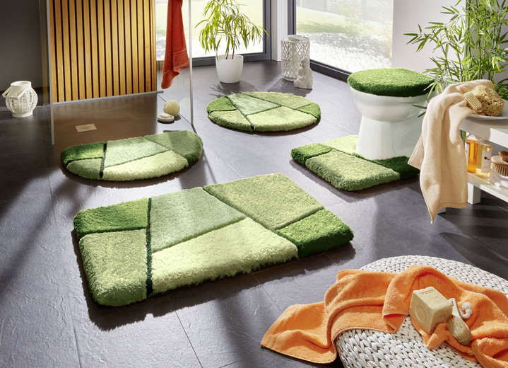 Badmatten - Kleurrijke badkamerset met antislip achterkant, in Größe 100 (Matje, halfrond 50/80 cm) bis 110 (set voor hangend toilet, 2-delig), in Farbe GROEN Ansicht 1