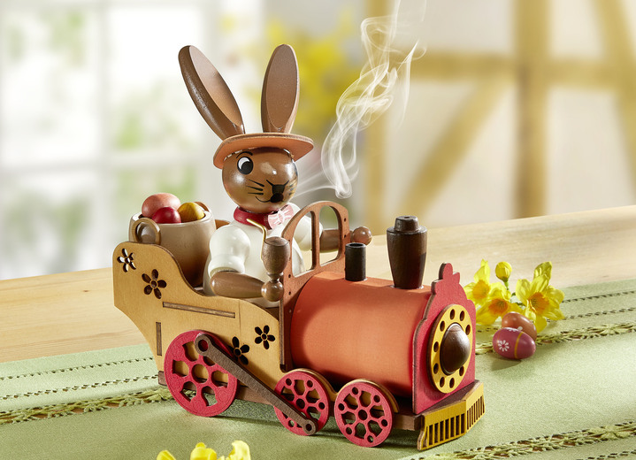- Rokend konijntje op locomotief, gemaakt van hout, in Farbe BRUIN-ORANJE-GROEN