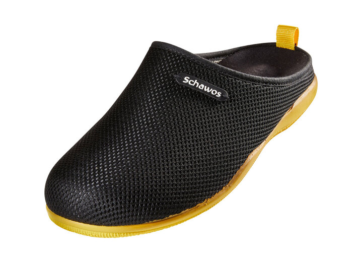 Huisschoenen - Slippers met antislip synthetische buitenzool, in Größe 036 bis 041, in Farbe ZWART-GEEL Ansicht 1