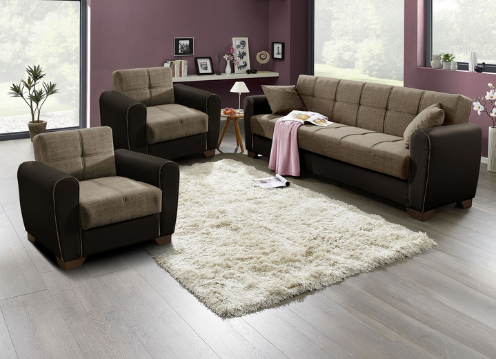 Gestoffeerde meubels - Hoekbank met slaapfunctie en bedlade, in Farbe BRUIN-BEIGE, in Ausführung gestoffeerde set, 3 stuks (met 2 stoelen) Ansicht 1
