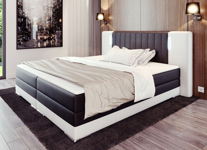 Boxspring - Boxspringbed met touch LED en topper, in Farbe ZWART-WIT Ansicht 1