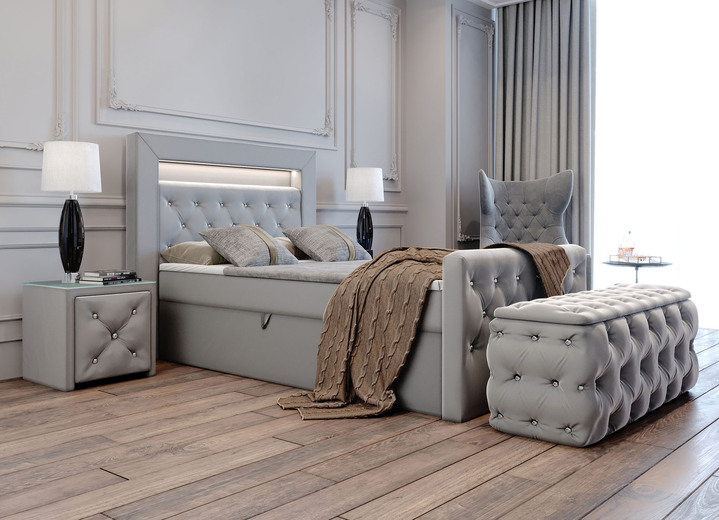 Boxspringbetten - Boxspringbett mit LED-Beleuchtung, Topper und Nachttisch, in Farbe GRAU Ansicht 1